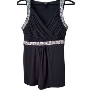 WHBM Black Sleeveless V-neck Embroidered Black Greek Key Detailed Top Size M